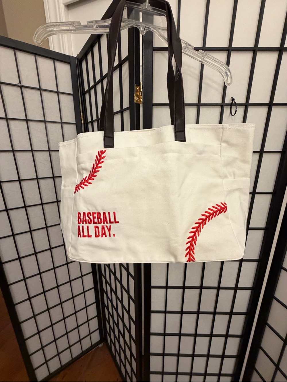 NEW Canvas Tote Bag in White with Red Baseball Stitching